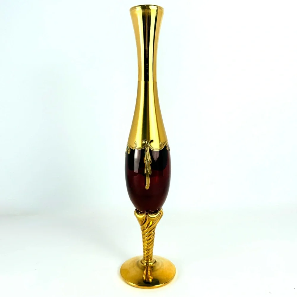 VTG Murano Venetian Ruby Glass & 24K Gold Paint 11โ Hand Painted Floral Bud Vase - Picture 8 of 16